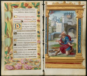Viereisiä lehtiä tuntikirjasta: Katumuksen psalmit ja kuningas Daavid rukouksessa..., n. 1530-35.