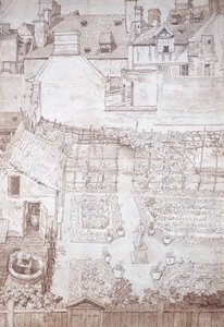 Kaupunkitalon puutarha, parterreja ja viiniköynnöspergolaa, rakennusten ympäröimä, n. 1677 (kynä ja ruskea muste ruskealla pesulla)