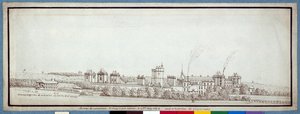 Chateau de Vincennes, jossa savupiiput savuavat (kynä ja muste paperille)