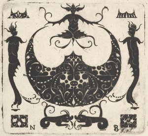 Kuun muotoinen rengaskehys ja groteskihahmot, n. 1620-30. tekijältä Noel Rouillard