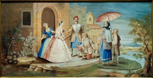Koomikko ja näytelmäkirjailija Jean Baptiste Poquelin dit Moliere (yksi polvi maahan) ja hänen koomikkonsa teoksessa Georges Dandin ou le mari hämmentynyt""" vuonna 1668. Joulumaalaus Coypel (1628-1707) 1668 Kokoelma Jacques Lorcey