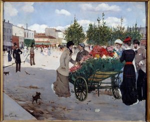 Kukkakauppias Boulevard Rochechouartilla Pariisissa (Marche de la Madeleine). Norbert Goeneutten (1854-1894) maalaus