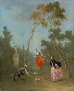 Lady on a Swing - Galantti Scene in the Park 1, n. 1760 (öljy limepuulle) tekijältä Norbert Joseph Carl Grund