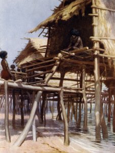 In the Pile Dwellings at Hanuabada, Port Moresby, Brittiläinen Uusi-Guinea (väri litho) tekijältä Norman Hardy