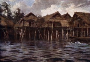 Motu kylä mereltä (väri litho) tekijältä Norman Hardy