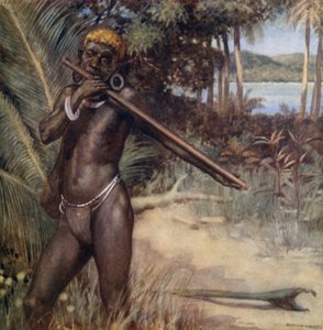 Salomon Islander soittaa "Ivivu" tai huilua (väri litho) tekijältä Norman Hardy