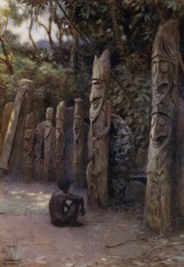 Kivi "Demits" tai sielut puuhahmoineen, Malekulan saari, Uudet Hebridit (väri litho) tekijältä Norman Hardy