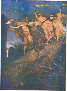 Ensimmäinen Walpurgin yö: "Läpi synkkyys johda ja seuraa, sisään ja ulos jokaisesta kivikolosta" (väri litho)