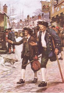 Jim ja Long John Silver Bristolissa, Treasure Islandilta, julkaissut MacDonald 1947 (väri litho)