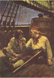 Tynnyri tärisi, kun hän nojasi olkapäänsä sitä vasten, MacDonaldin 1947 julkaisemasta Treasure Islandista (väri litho)