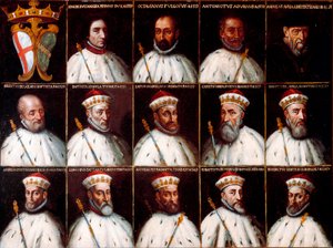 Geenitasavallan vaakuna ja Dogeen muotokuvia - Simone Boccanegra, Ottaviano Fregoso ja Antoniotto II Adorno; Andrea Doria. Oberto Cattaneo Lazzari, Battista Spinola, Battista Lomellini, Cristoforo Grilaldi Rosso, Giovanni Battista Doria
