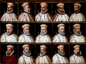 Geenitasavallan vaakuna ja Dogeen muotokuvia. Gio. Battista Gentile Pignolo, Nicolò Doria, Gerolamo De Franchi Toso, Gerolamo Chiavari, Ambrogio Di Negro, Davide Vacca (tai Vaccari), Battista Negrone, Gio Giustiniani Campi, Antonio Grimal