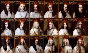 Geenitasavallan vaakuna ja Dogeen muotokuvia. Giovanni Battista Cattaneo, Francesco Invrea, Negrone Bendinelli, Francesco Maria Sauli, Girolamo De Mari, Federico De Franchi, Antonio Cebà Grimaldi, kunnia Stefano Ferreti, Domenico De Ma