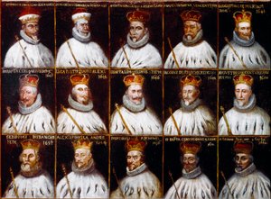 Geenitasavallan vaakuna ja Dogeen muotokuvia. Giovanni Stefano Doria, Francesco Gio. Brignole Sale, Agostino Pallavicini, Giovanni Battista Durazzo, Agostino Giovanni De Marini, Giovan Battista Lercari, Luca Giustiniani, Giovanni Battista L tekijältä Northern Italian School