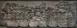 Seinäveistos: Buddhien ja Bodhisattvien taivaalliset kokoontumiset, Handan, Hebein maakunta, 550-577 (kalkkikivi, jossa on pigmenttijälkiä)