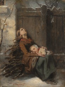 Köyhä kuollut äiti pitelee nukkuvaa lastaan talvella