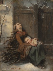 Köyhä kuollut äiti pitelee nukkuvaa lastaan talvella, n. 1850.