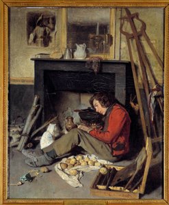 Työpajan sisustus Maalari lähellä takkaa. Octave Tassaertin (1800-1874) maalaus 1845 su. 0,46x0,38 m