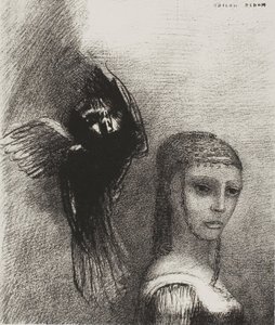 Ja iso lintu, laskeutuu taivaalta, kaatuu hiuksensa ylintä kärkeä vasten, levy 3/10 tekijältä Odilon Redon