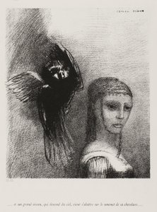 Ja iso lintu, laskeutuu taivaalta, kaatuu hiuksensa ylintä kärkeä vasten, levy 3/10, 1888 tekijältä Odilon Redon