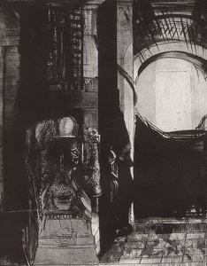 Ja kaikkialla on basalttipylväitä,? Valoa putoaa holveista, Blatt 3 der Folge La Tentation de Saint-Antoine. 1896 tekijältä Odilon Redon