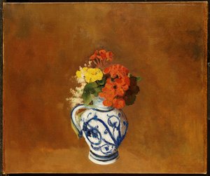 Geraniums ja muut kukat kivitavaramaljakossa tekijältä Odilon Redon