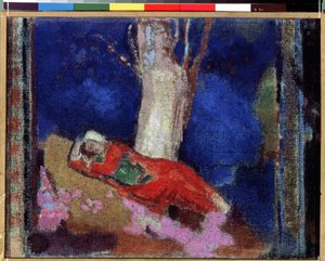 ""Nuori nainen makaa puun alla"" (A Woman Lieing Under The Tree) Odilon Redonin (1840-1916) maalaus 1900-1901 Guassi ja tempera. Nabis. Eremitaaši, Pietari (Pietari)""Nuori nainen makaa puun alla"" (A Woman Lieing Under The Tree) Odilon Redonin (1840-1916) tekijältä Odilon Redon
