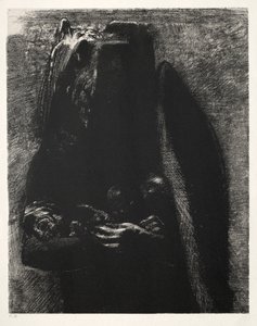 Pyhän Antoniuksen kiusaus Ensimmäinen sarja: Se on paholainen, joka kantaa kahden siipensä alla, 1888. tekijältä Odilon Redon