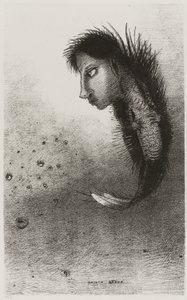 Sitten ilmestyy yksittäinen olento, jolla on miehen pää kalan vartalossa, levy 5/10 tekijältä Odilon Redon