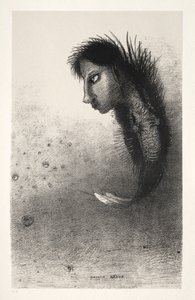Sitten ilmestyy yksittäinen olento, jolla on miehen pää kalan rungossa tekijältä Odilon Redon