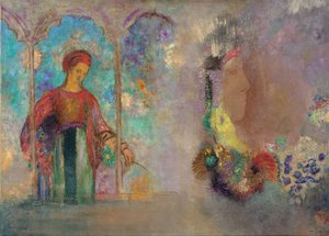 Nainen goottilaisessa pelihallissa - Nainen kukkien kanssa - Peinture de Odilon Redon (1840-1916) tekijältä Odilon Redon