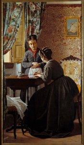 Lukutaidoton tai nainen kirjoittaa kirjettä piikalleen Odoardo Borranin (1834-1905) maalaus 1869 Yksityinen kokoelma