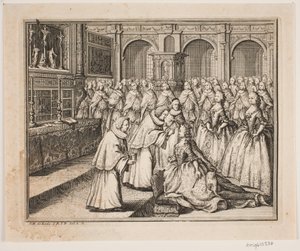 Piispa Hersleb voitelee kuningatar Louisen Frederiksborgin palatsikirkossa. Kuvitus Frederik d. IV:n voiteluteosta tekijältä Odvardt Helmoldt de Lode