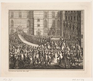 Kuningas Frederik V kulkueessa voiteluseremoniaan Frederiksborgin palatsikirkossa. Kuvitus Frederik d. IV:n voiteluteosta tekijältä Odvardt Helmoldt de Lode
