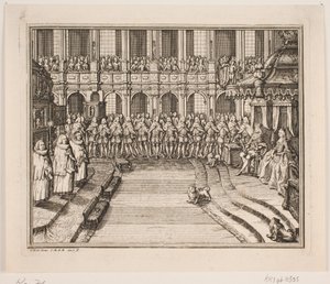 Kuningas Frederik V ja kuningatar Louise voiteluseremoniassa Frederiksborgin palatsikirkossa. Kuvitus Frederik d. IV:n voiteluteosta tekijältä Odvardt Helmoldt de Lode