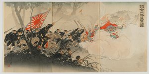 Taistelu Jinzhoussa, Meijin aikakausi, 1894 (värillinen puupainatus) tekijältä Ogata Gekko