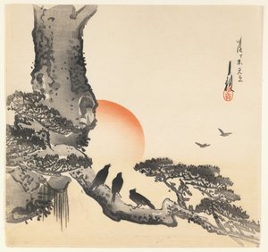 Crows on a Tree Trunk, Meiji-kausi, n. 1890-1910 (värillinen puupainatus)