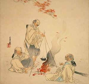 Sakeen juominen vaahteran alla, n. 1890-1900 (värillinen puupainatus) tekijältä Ogata Gekko