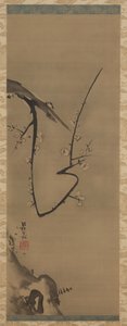 Prunus, riippuva kirjakäärö, n. 1700 (muste silkille) tekijältä Ogata Korin