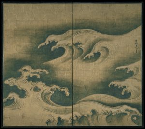 Rough Waves, kaksiruutuinen taittokangas, noin 1704-9 (muste, väri ja lehtikulta paperille).