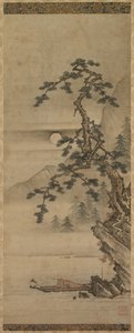 Kuutamoinen mäntymaisema vanhan miehen kanssa veneessä, Muromachi-kausi, 1392-1573. tekijältä Oguri Sotan