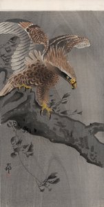 Kotka levitetyillä siiveillä puunrungossa (värillinen puupainatus) tekijältä Ohara Koson