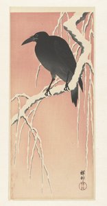 Varis lumisella oksalla. tekijältä Ohara Koson