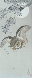 Kauhapöllö lennossa kukkien ja täysikuun kanssa (värillinen puupalikkaprintti) tekijältä Ohara Koson
