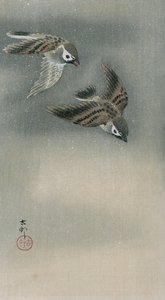 Varpuset lennossa (värillinen puupalikkaprintti) tekijältä Ohara Koson