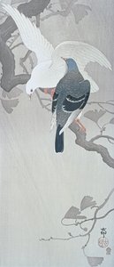 Kaksi kyyhkystä sateessa Ginkgo-puun oksalla tekijältä Ohara Koson