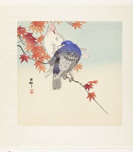 Kaksi kyyhkysiä oksalla syksyn lehdillä tekijältä Ohara Koson
