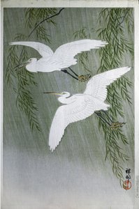 Two herons Flying Free, 1907 (värillinen puupiirros) tekijältä Ohara Koson