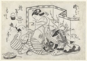 Japanilainen mies ja nainen tupakoivat taitettavan näytön edessä tekijältä Okumura Masanobu (attributed to)