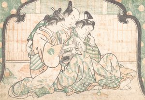 Nuori mies istuu kahden naisen välissä, n. 1749, n. 1749. tekijältä Okumura Masanobu